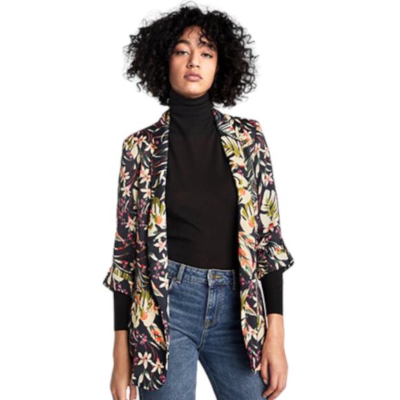 Zara Satin Floral Printed Open Front Long Blazer Jacket Women Green Size XS - Picture 1 of 10